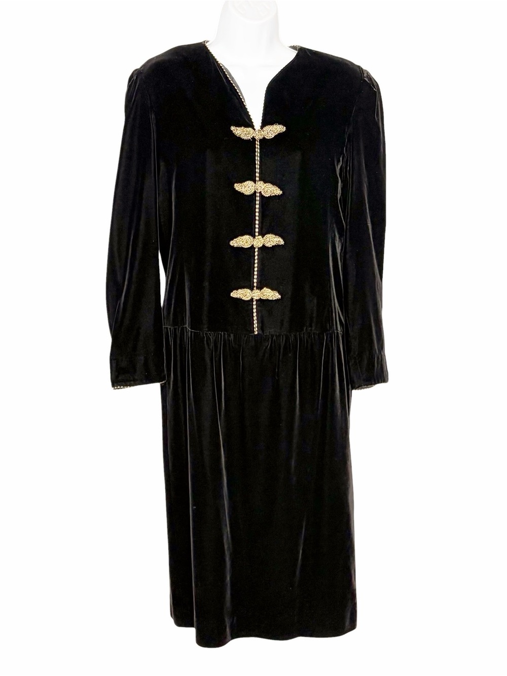 Liz Claiborne Vintage Velvet Drop Waist Event Dress 8 Black Gold Braid Accent